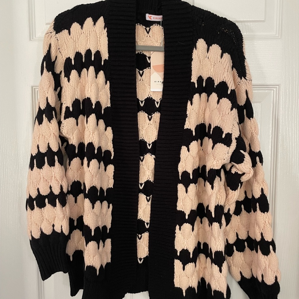 Amazon Black and Cream Cardigan Sweater with Wavy Stripes